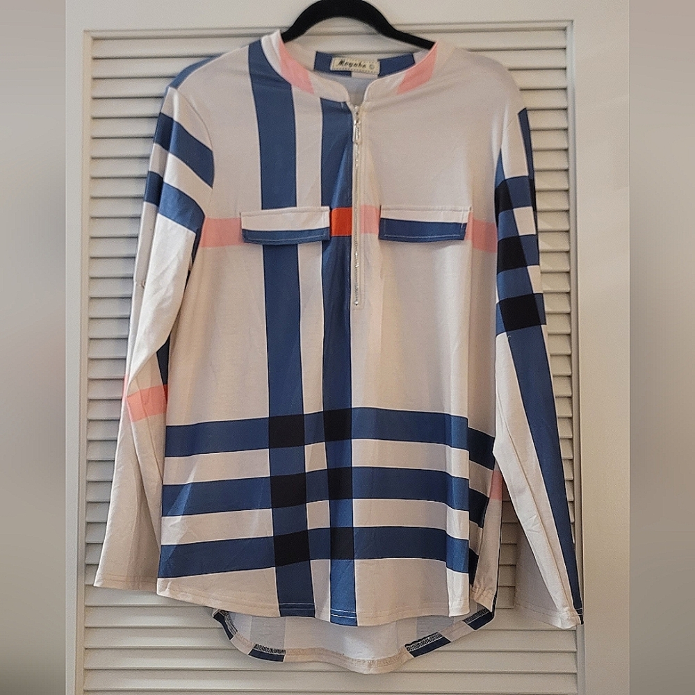 Moyabo - Pink/White/Blue Abstract Zipper Frony Long-Sleeve Top